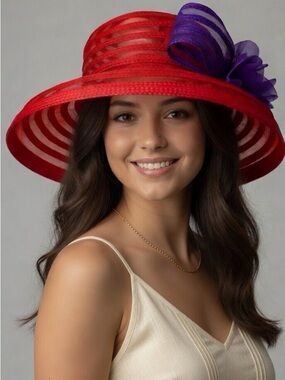 Red Hat Derby Purple Flower & Ribbon Vacation Summer Beach Pool Party